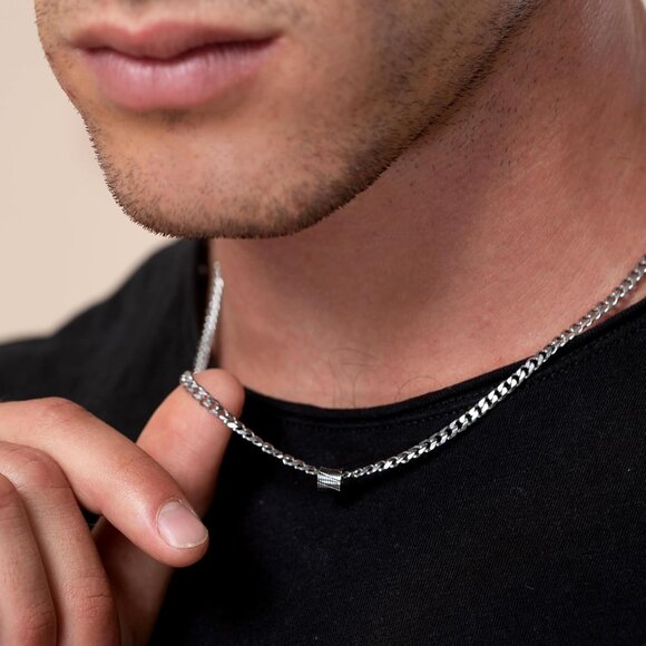 💫 Men Silver Bead Pendant Chain Small Diamond-Cut Stainless Steel Necklace Gift